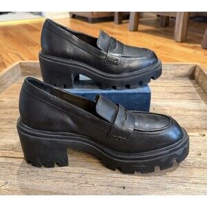 Schutz Black Platform Lug Sole Penny Loafers Women’s Size 9B Leather